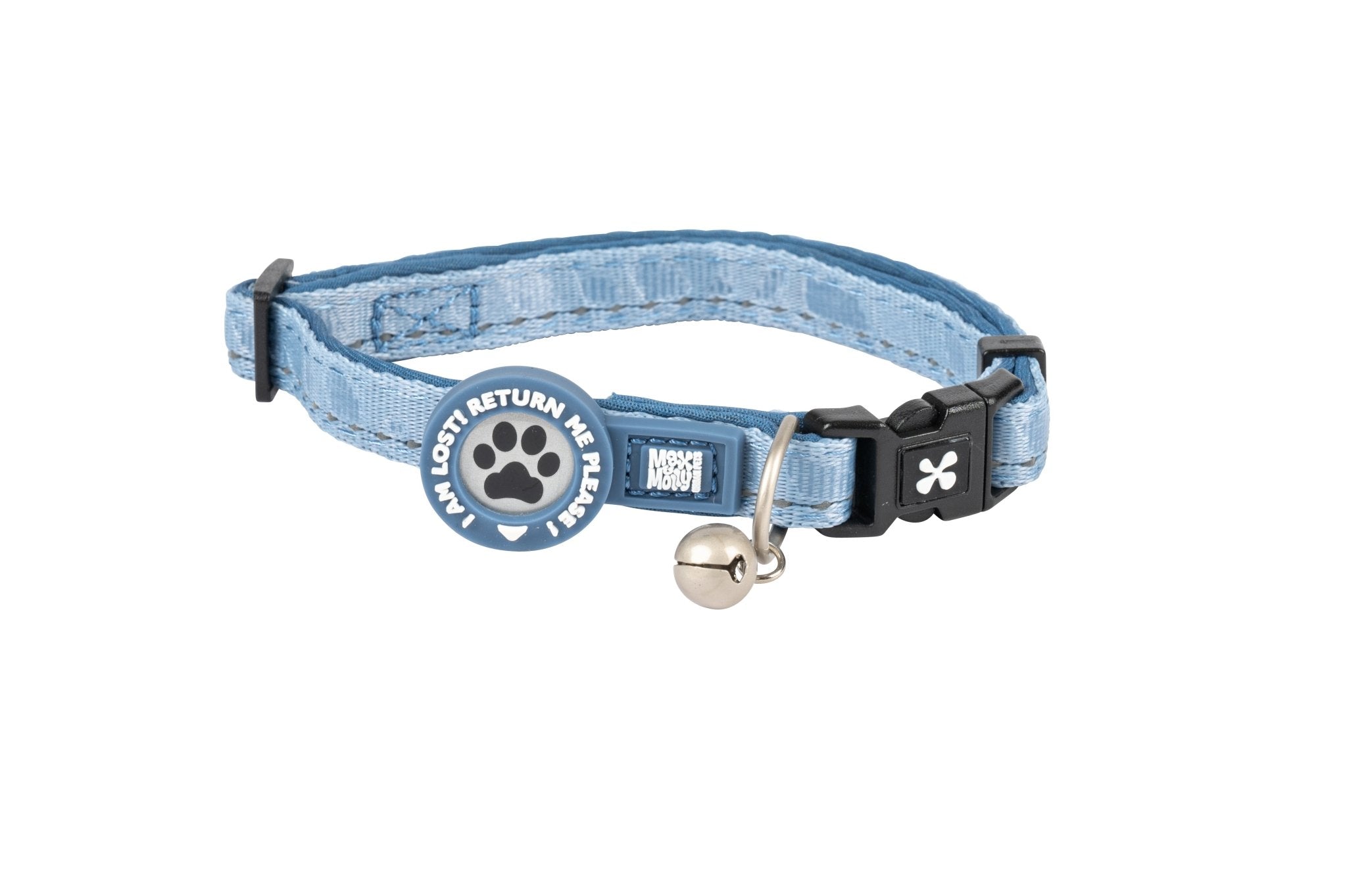 Max & Molly cat collar with safety buckle, bell, and ID tag – adjustable and comfortable for everyday wear.
