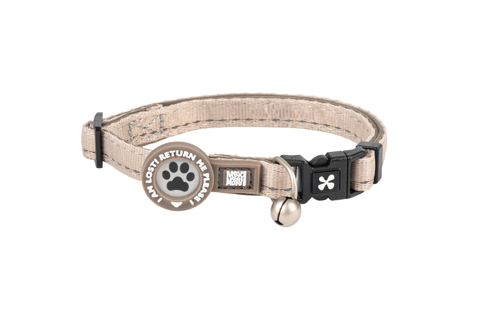 Max & Molly cat collar with safety buckle, bell, and ID tag – adjustable and comfortable for everyday wear.