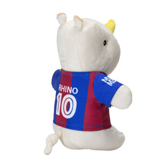 Plush rhino wearing an FC Barcelona jersey – a soft and durable dog toy for playful moments.