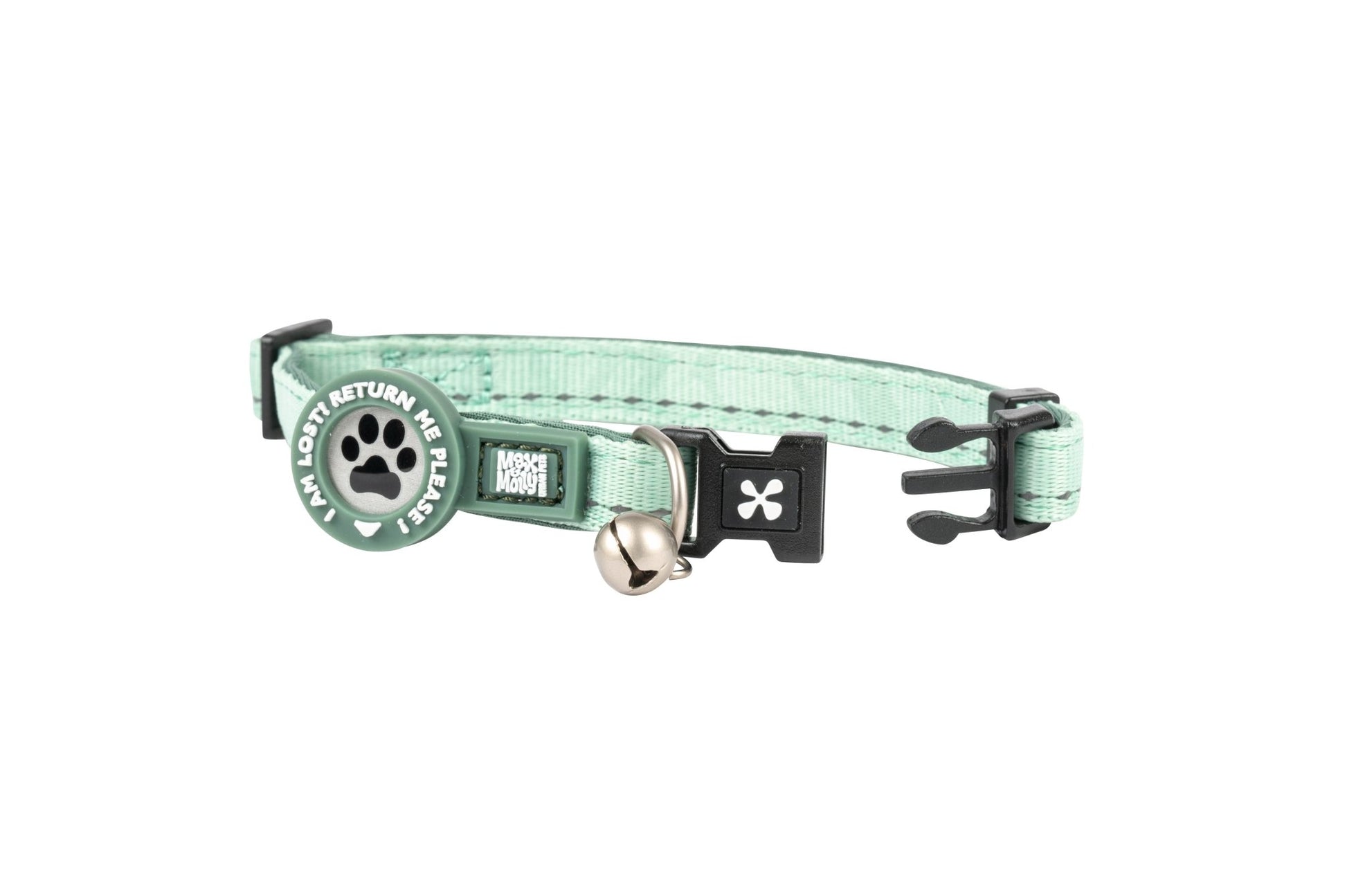 Max & Molly cat collar with safety buckle, bell, and ID tag – adjustable and comfortable for everyday wear.
