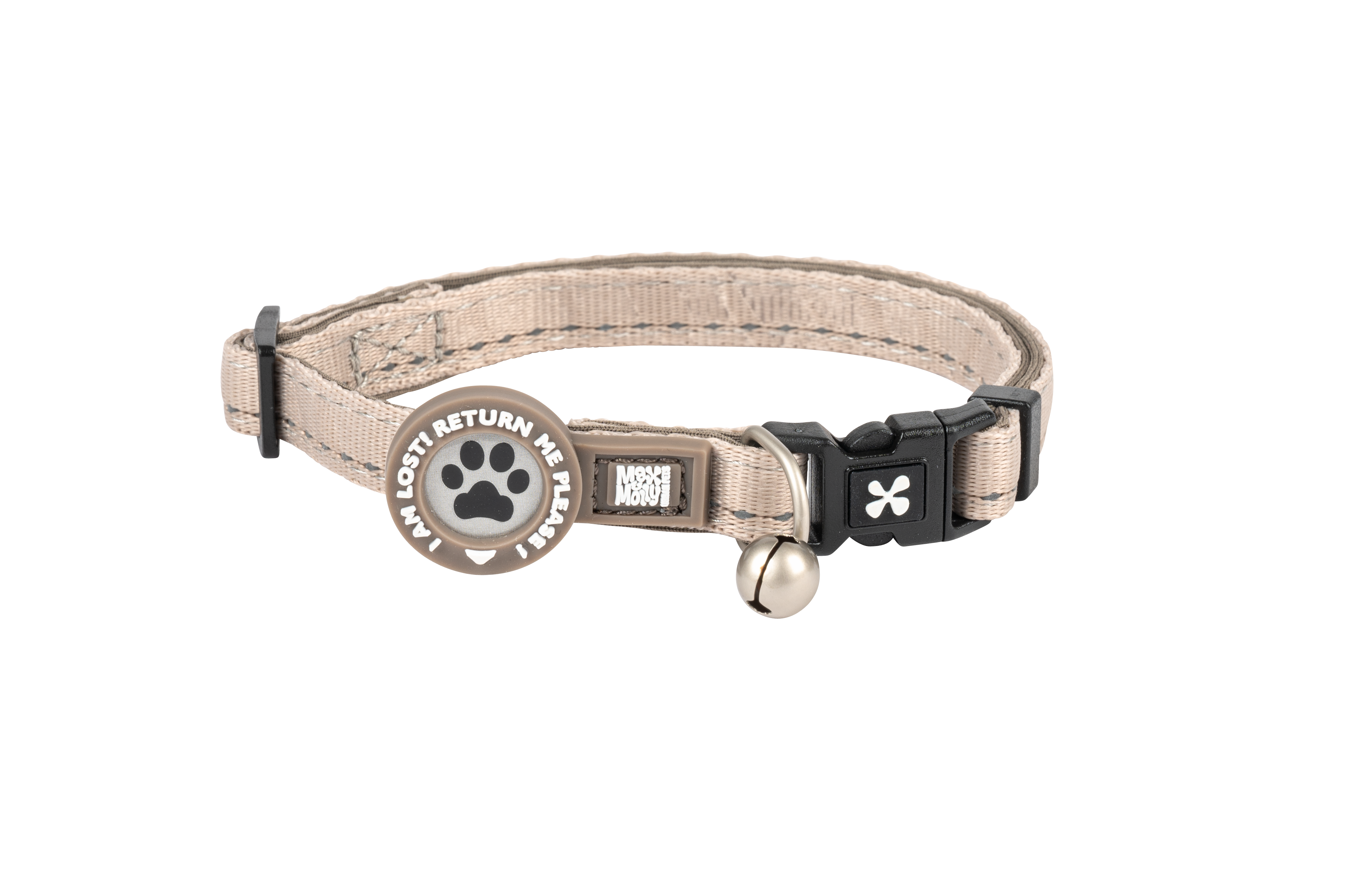 Max & Molly cat collar with safety buckle, bell, and ID tag – adjustable and comfortable for everyday wear.
