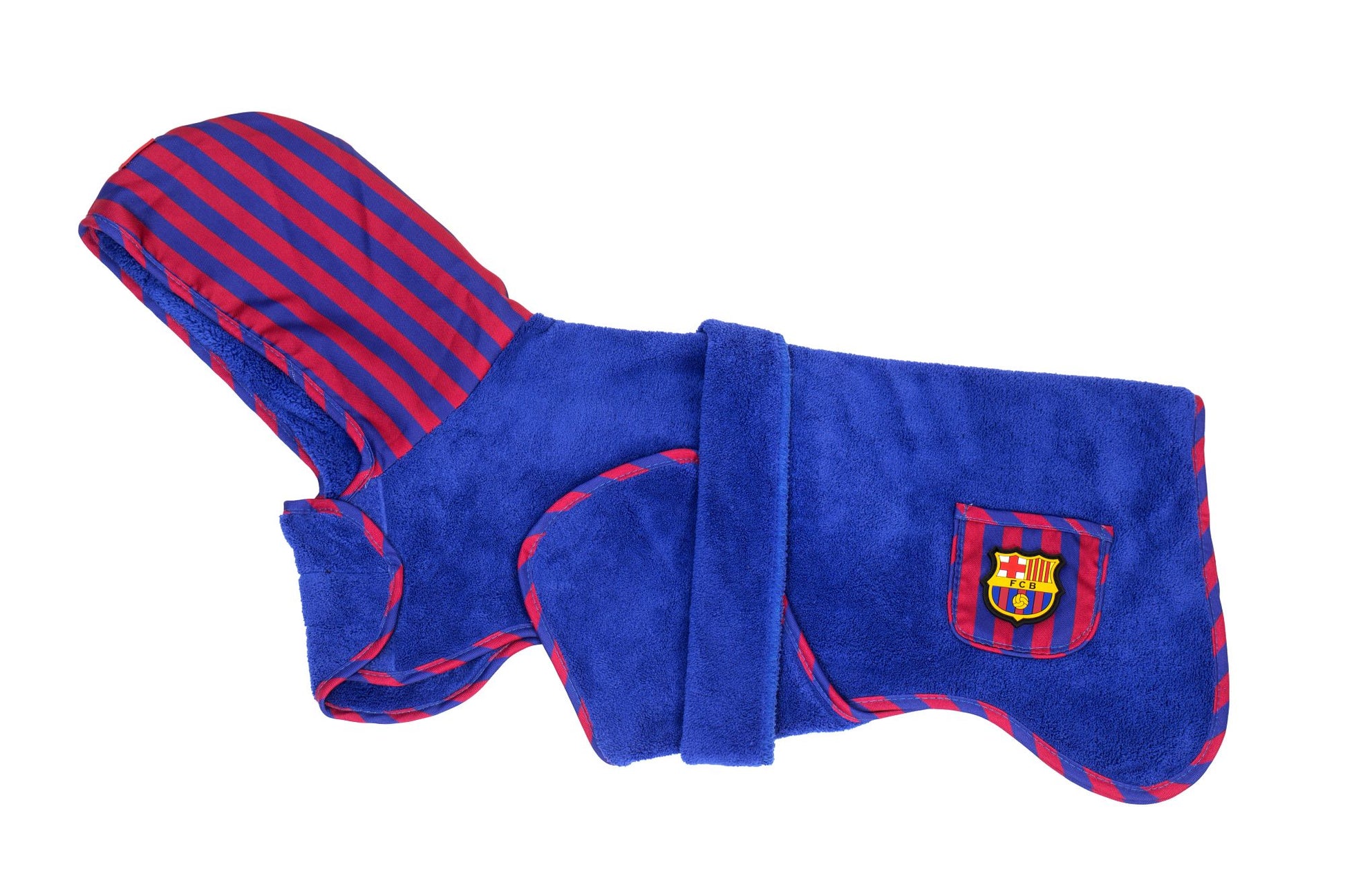 FC Barcelona dog bathrobe with hood and tie belt – soft and absorbent for drying your dog after a bath.
