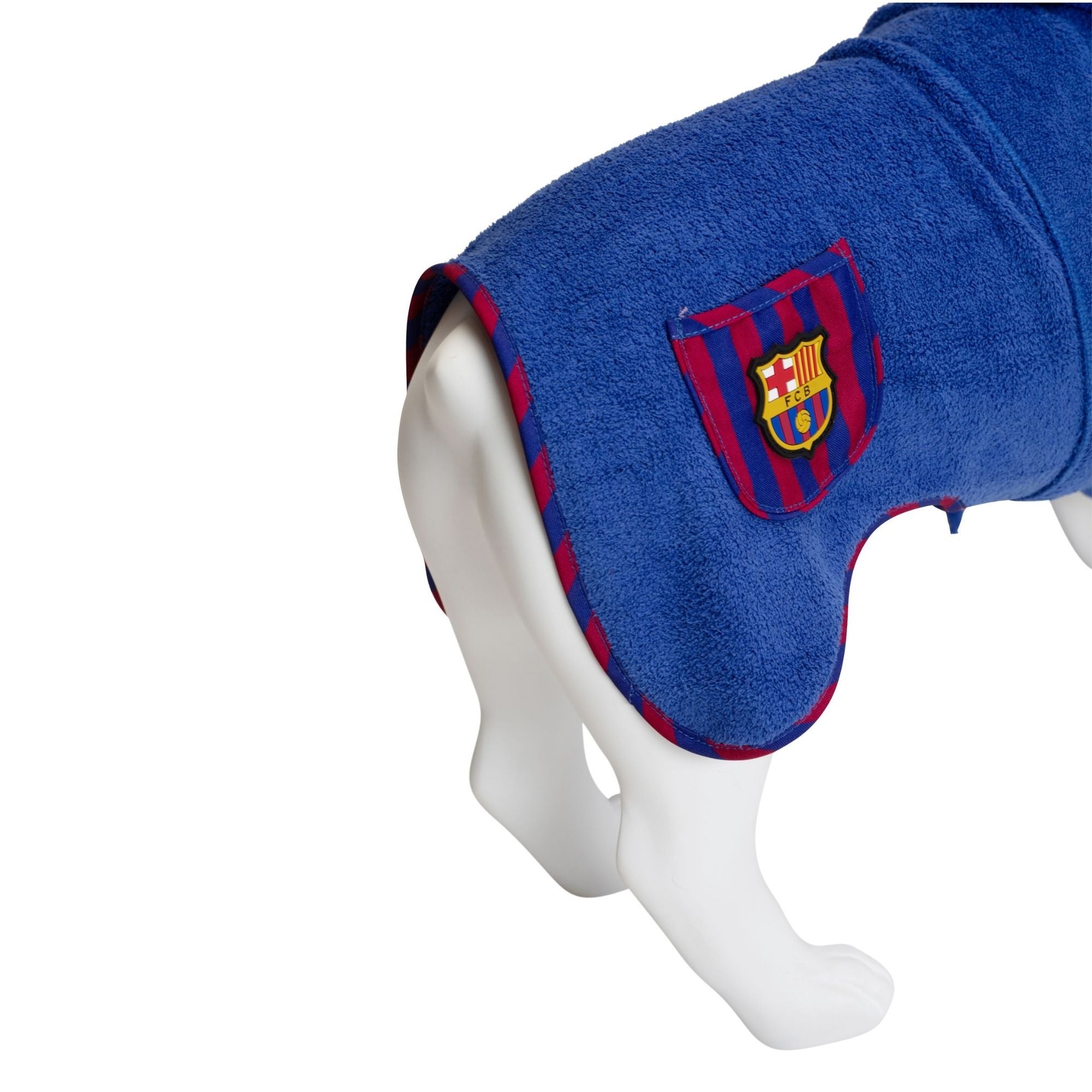 FC Barcelona dog bathrobe with hood and tie belt – soft and absorbent for drying your dog after a bath.