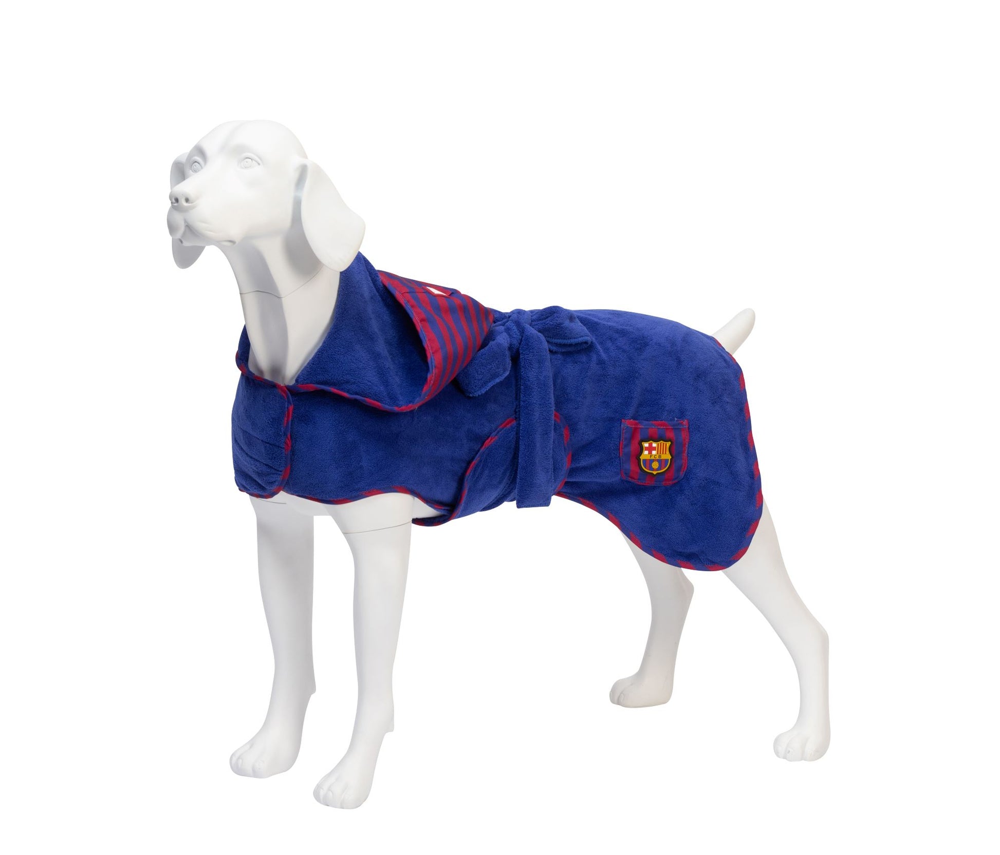 FC Barcelona dog bathrobe with hood and tie belt – soft and absorbent for drying your dog after a bath.