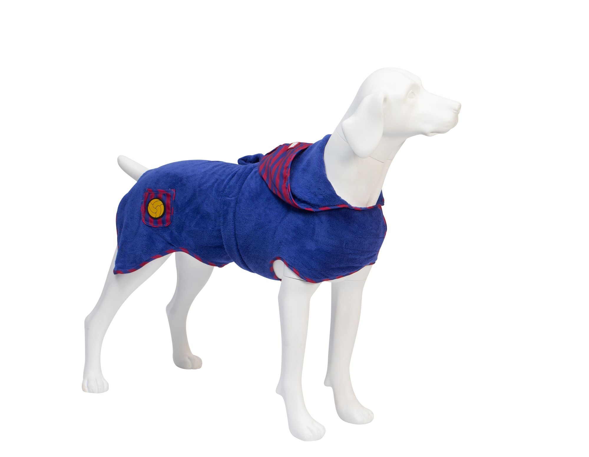 FC Barcelona dog bathrobe with hood and tie belt – soft and absorbent for drying your dog after a bath.