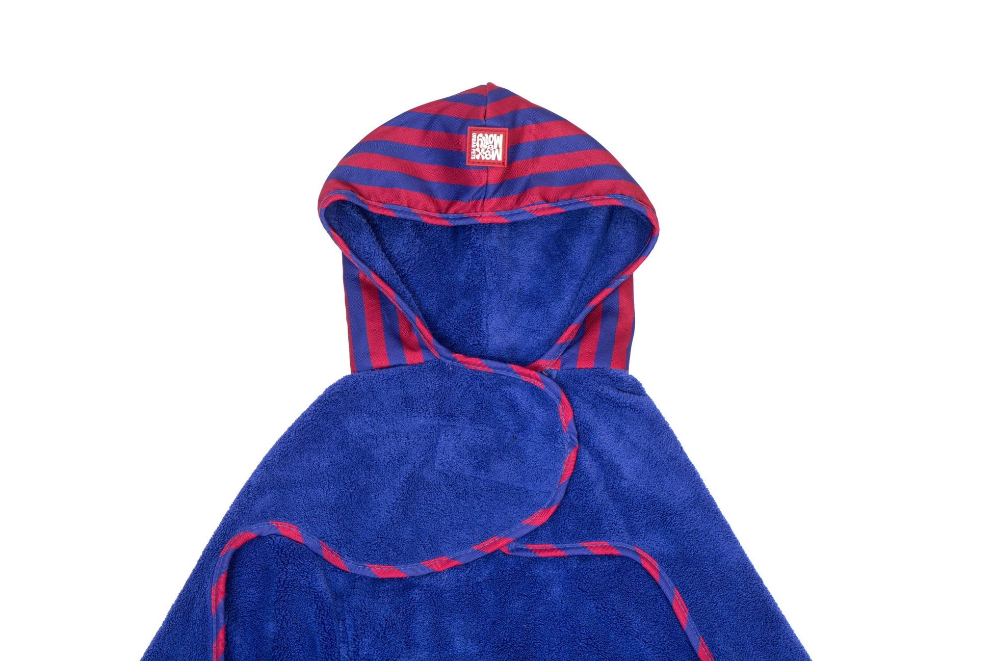 FC Barcelona dog bathrobe with hood and tie belt – soft and absorbent for drying your dog after a bath.