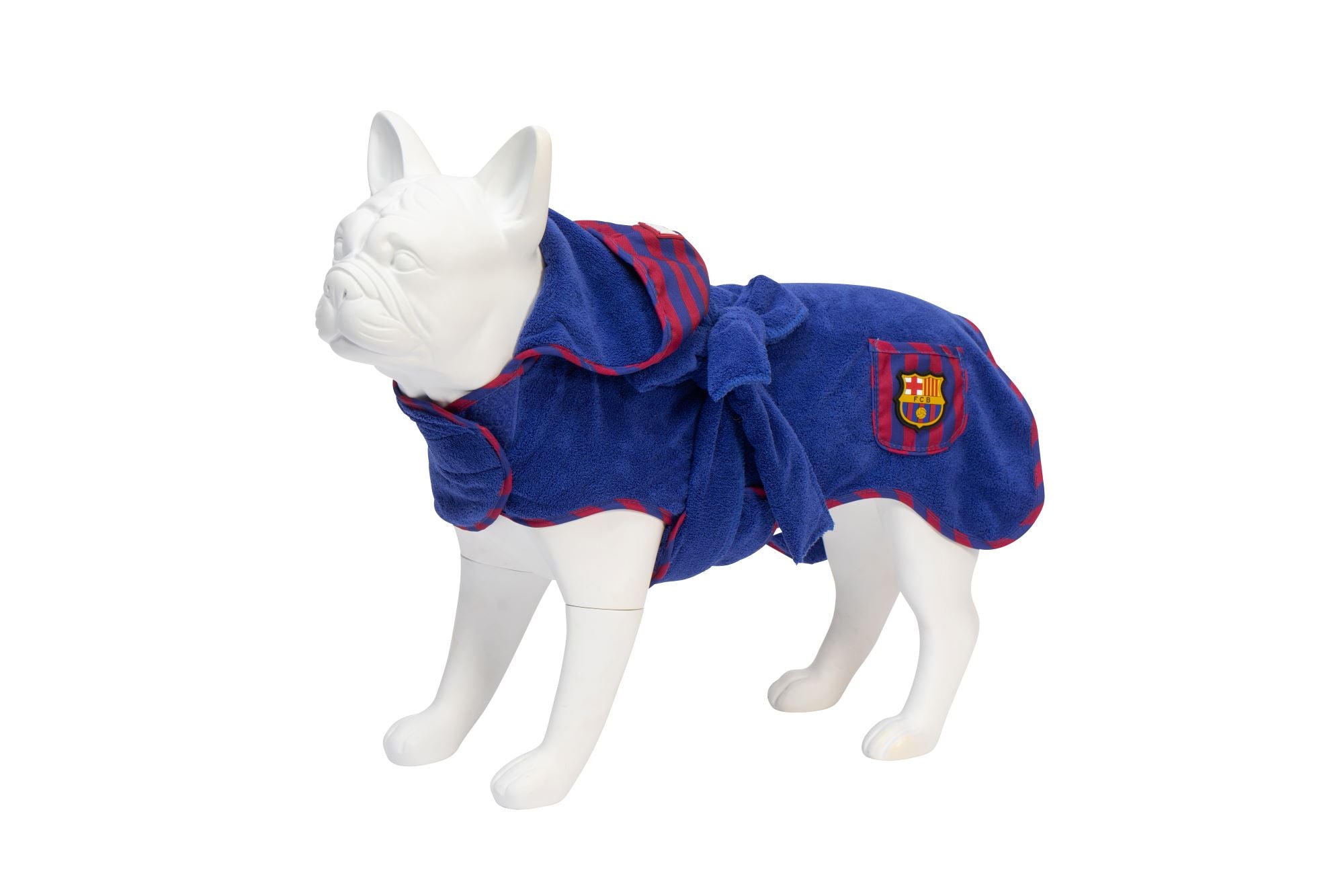 FC Barcelona dog bathrobe with hood and tie belt – soft and absorbent for drying your dog after a bath.