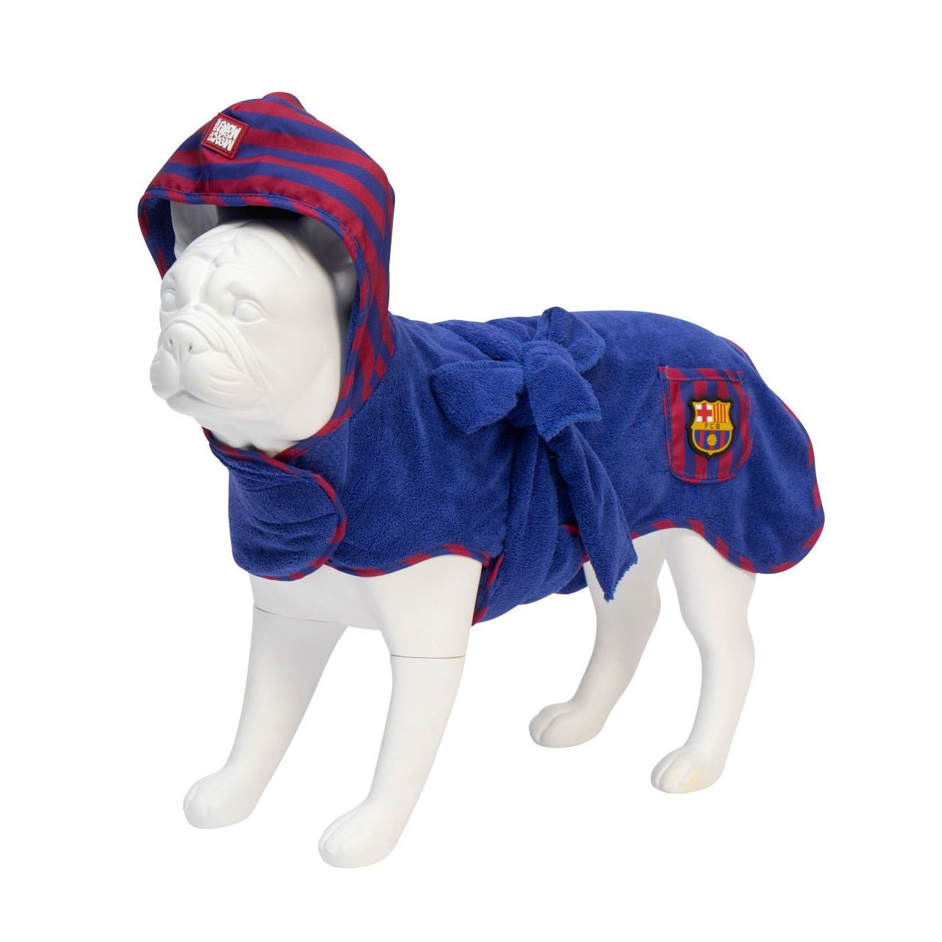 FC Barcelona dog bathrobe with hood and tie belt – soft and absorbent for drying your dog after a bath.