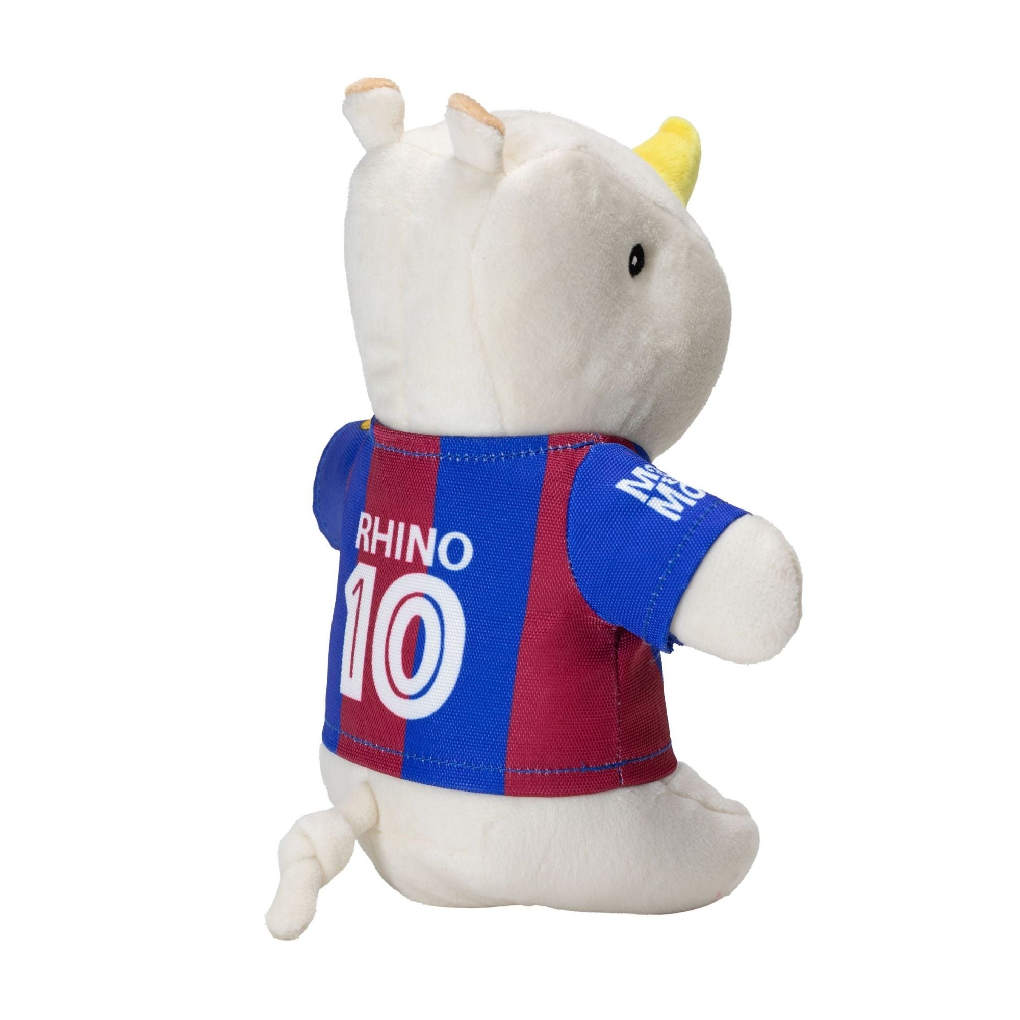 Plush rhino wearing an FC Barcelona jersey – a soft and durable dog toy for playful moments.